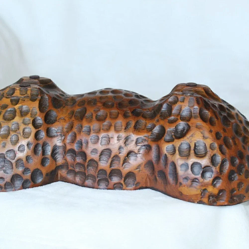 Vintage peanut shape fine wooden bowl carved animal print texture divided dish